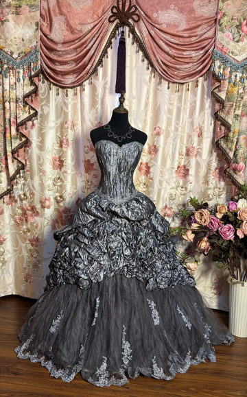 Vintage Grey A Line Sweetheart Neck Lace Satin Tulle Prom Dress Evening Dress Formal Dress HZ1023